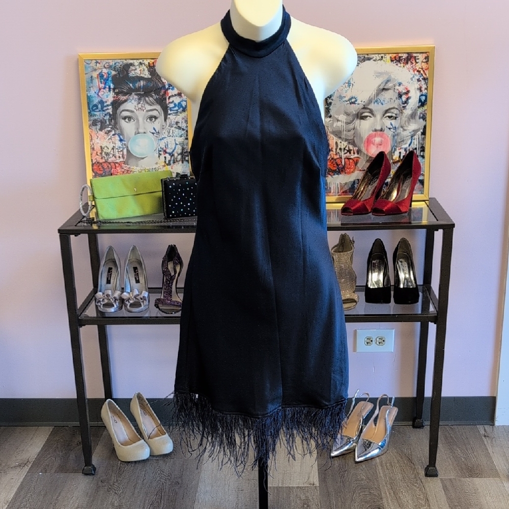 Xtraordinary Navy Halter Mini Dress with Feather Hem